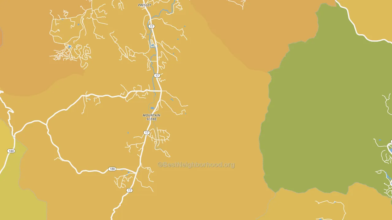 Map of the best neighborhoods in the Mountain Scene area, with better matches in green and worse matches in red