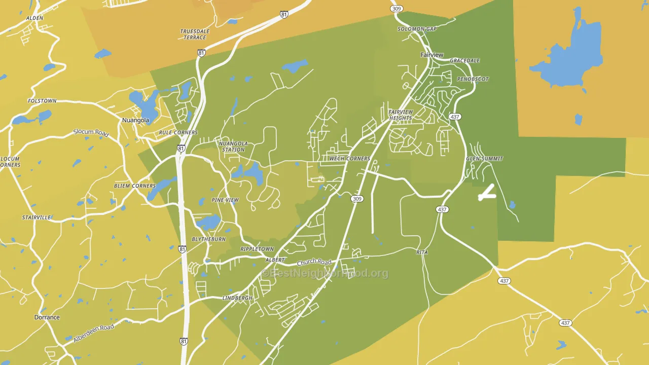Map of the best neighborhoods in the Mountain Top area, with better matches in green and worse matches in red