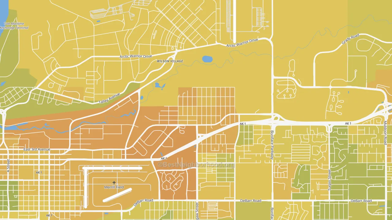 Map of the best neighborhoods in the Mountain View, Anchorage area, with better matches in green and worse matches in red