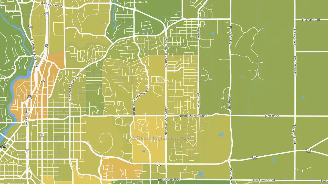 Map of the best neighborhoods in the Mountain View, Bend area, with better matches in green and worse matches in red