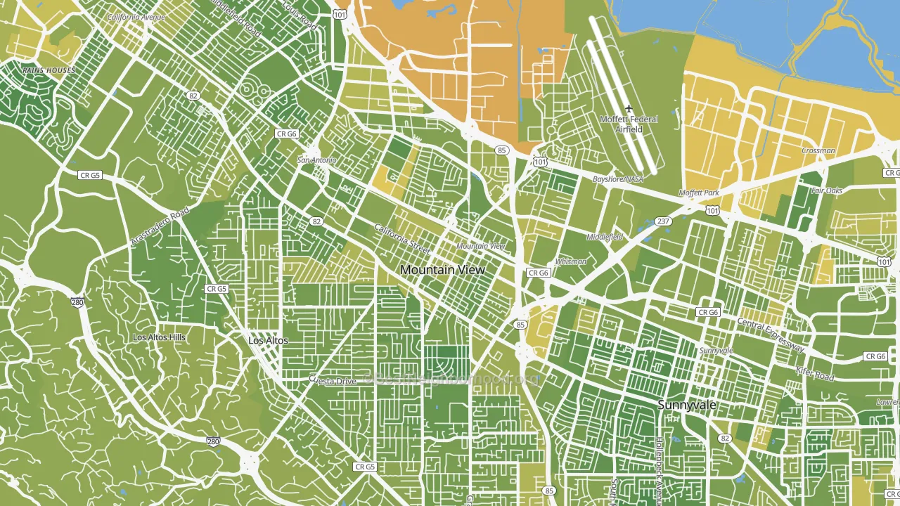Map of the best neighborhoods in the Mountain View area, with better matches in green and worse matches in red