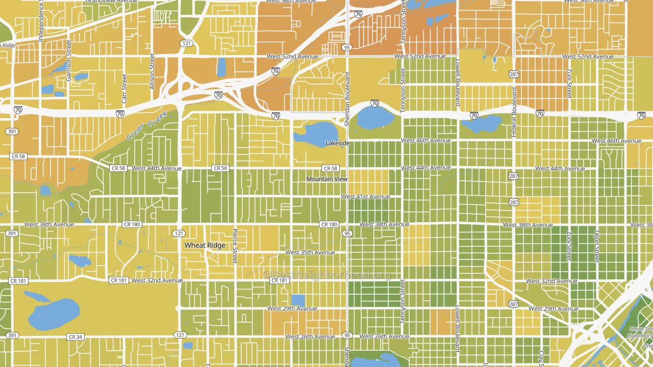 Map of the best neighborhoods in the Mountain View area, with better matches in green and worse matches in red