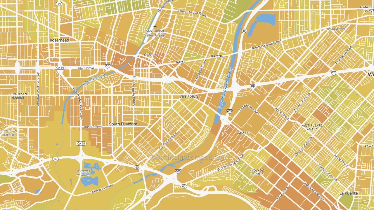Map of the best neighborhoods in the Mountain View, El Monte area, with better matches in green and worse matches in red