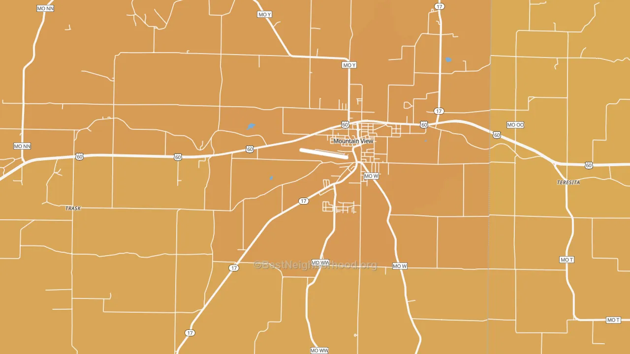 Map of the best neighborhoods in the Mountain View area, with better matches in green and worse matches in red