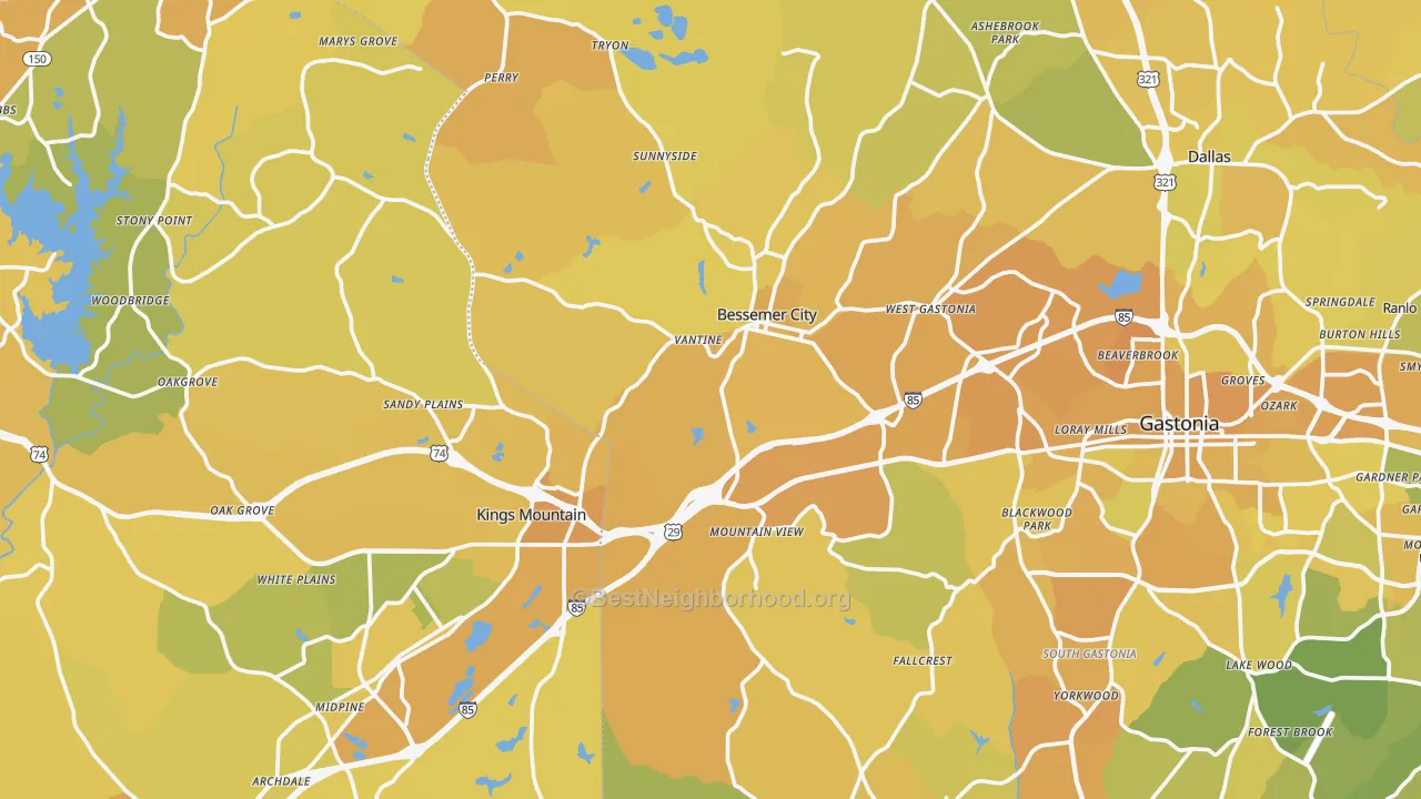 Map of the best neighborhoods in the Mountain View area, with better matches in green and worse matches in red