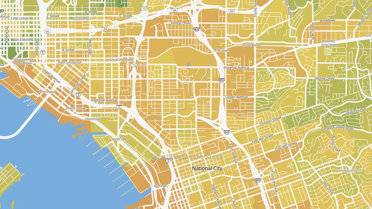 Map of the best neighborhoods in the Mountain View San Diego, San Diego area, with better matches in green and worse matches in red