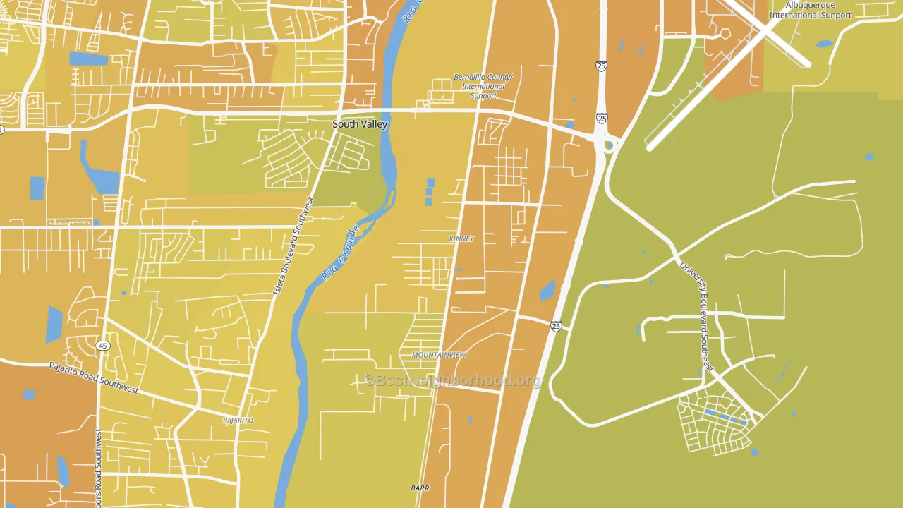 Map of the best neighborhoods in the Mountain View, South Valley area, with better matches in green and worse matches in red