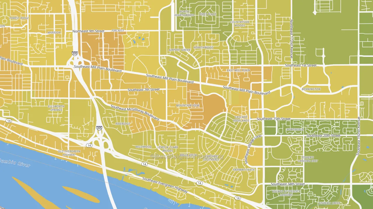 Map of the best neighborhoods in the Mountain View, Vancouver area, with better matches in green and worse matches in red