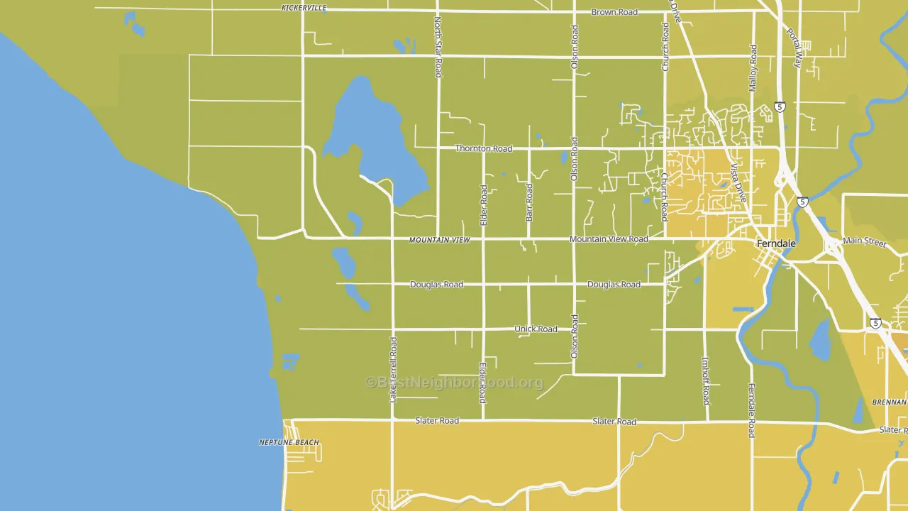Map of the best neighborhoods in the Mountain View area, with better matches in green and worse matches in red