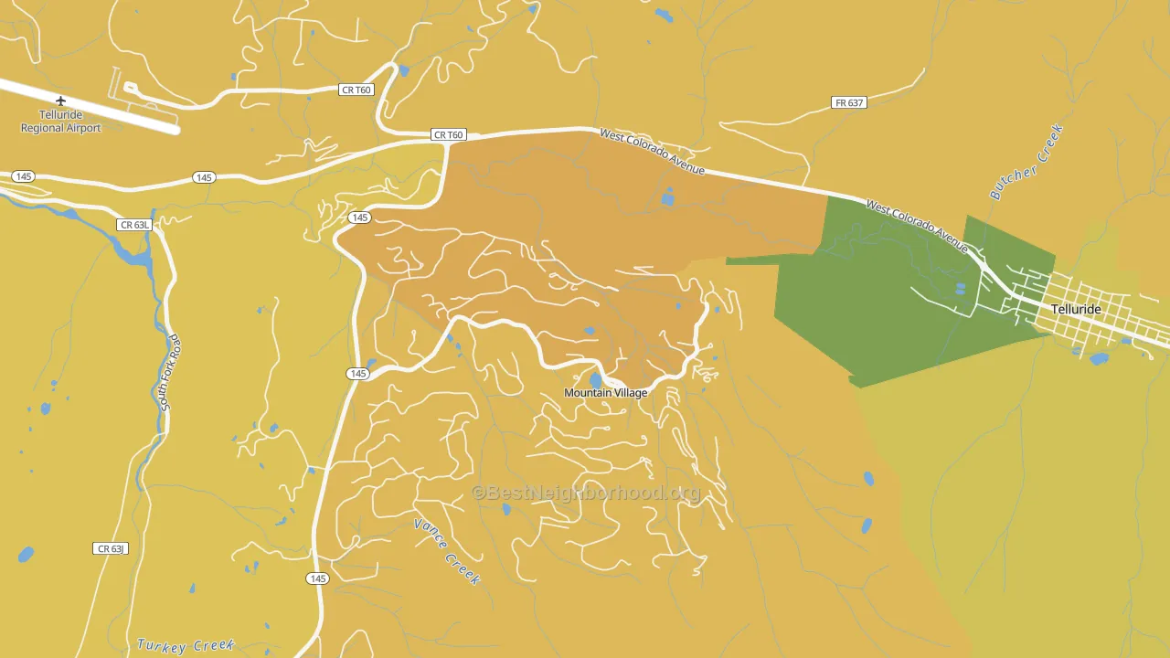 Map of the best neighborhoods in the Mountain Village area, with better matches in green and worse matches in red