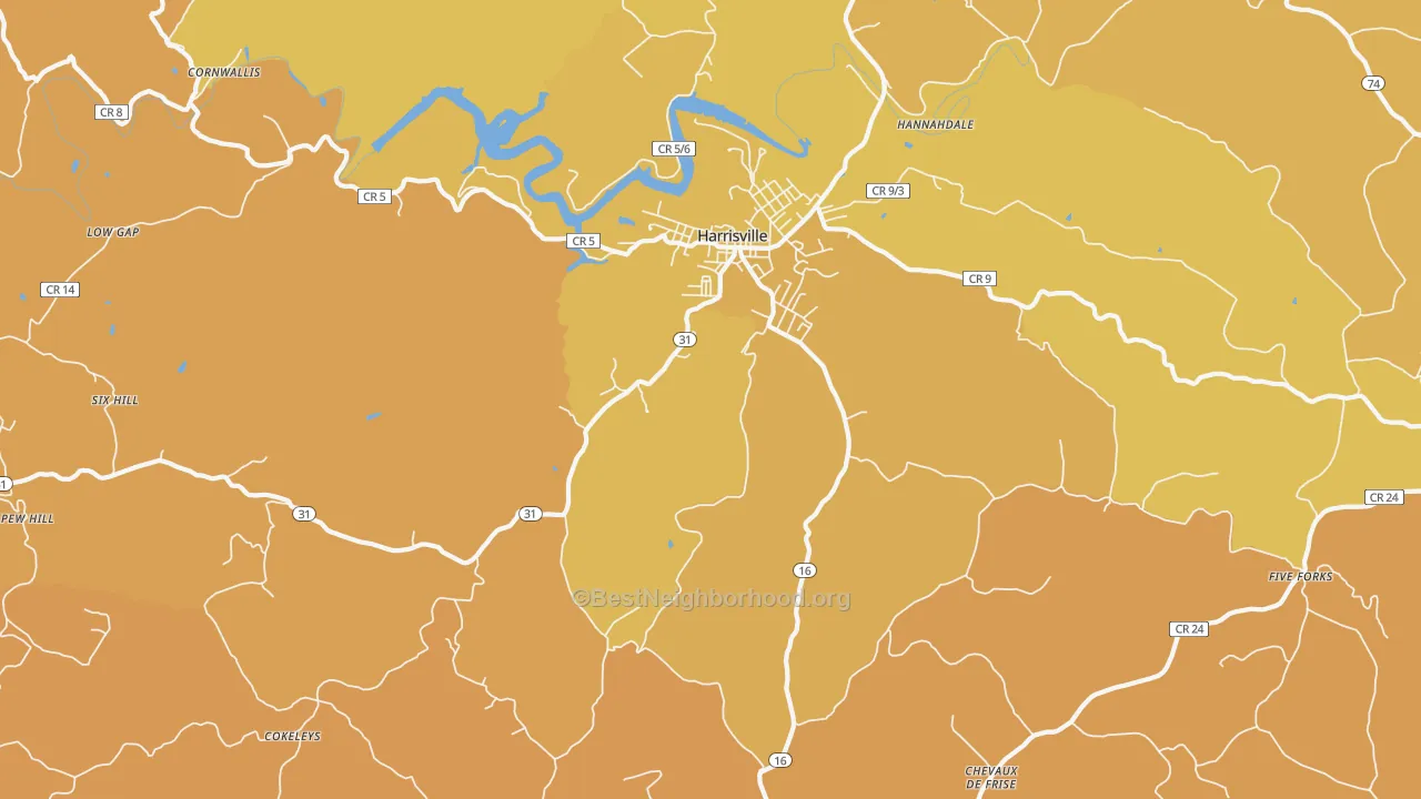 Map of the best neighborhoods in the Mountain area, with better matches in green and worse matches in red