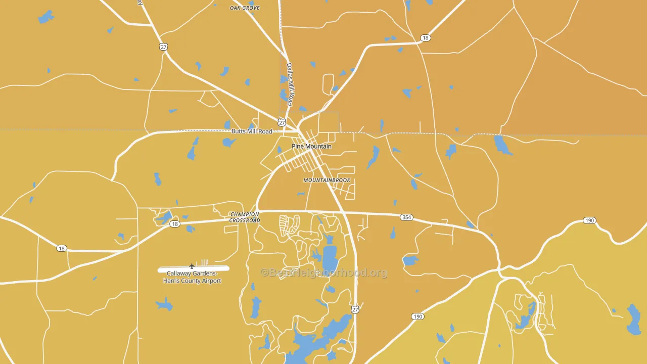 Map of the best neighborhoods in the Mountainbrook area, with better matches in green and worse matches in red