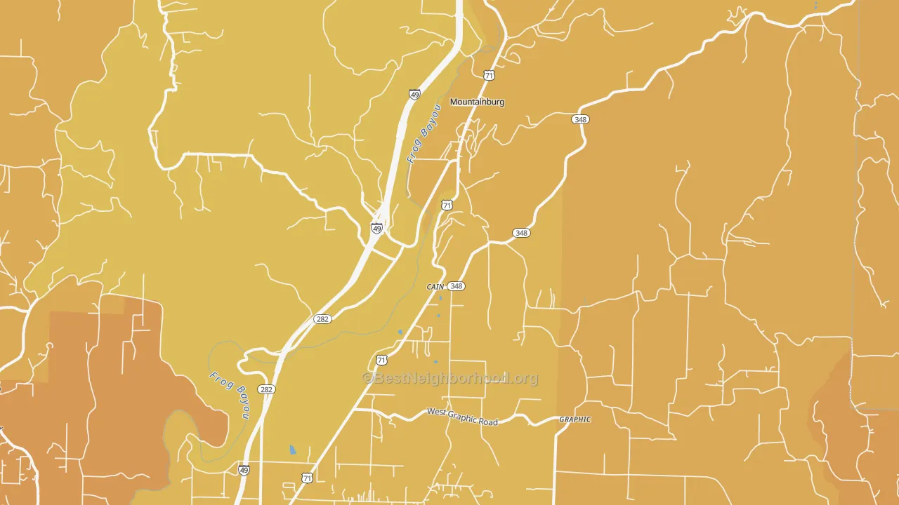 Map of the best neighborhoods in the Mountainburg area, with better matches in green and worse matches in red