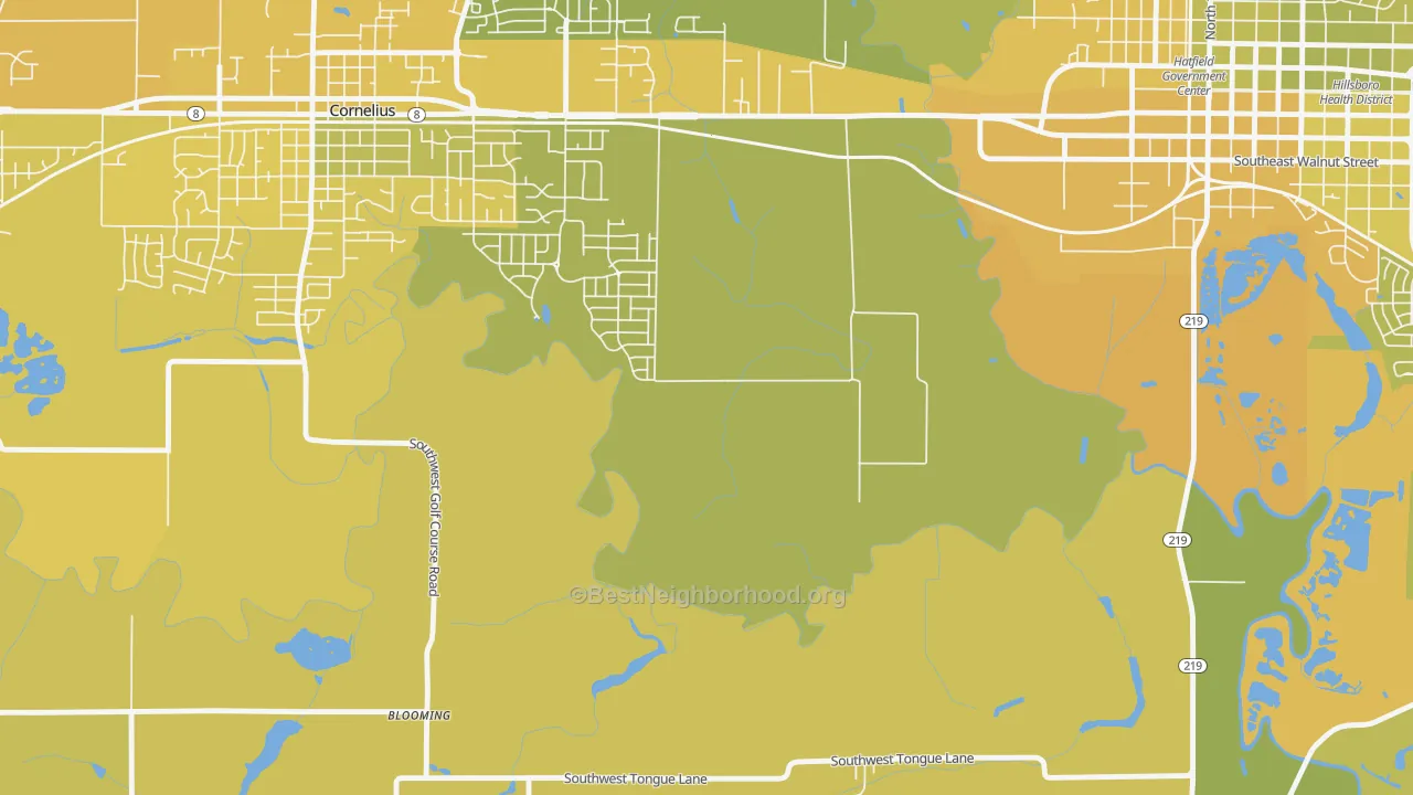 Map of the best neighborhoods in the Mountaindale area, with better matches in green and worse matches in red