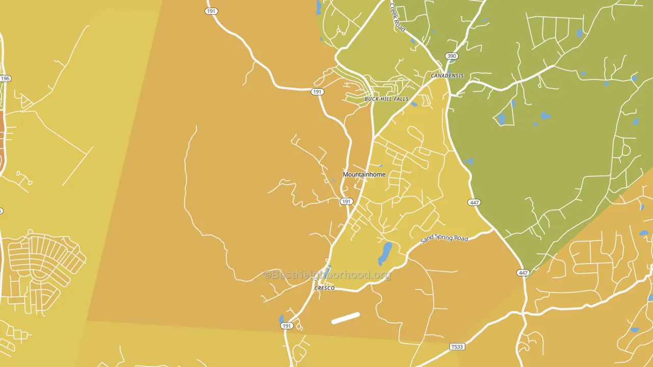 Map of the best neighborhoods in the Mountainhome area, with better matches in green and worse matches in red