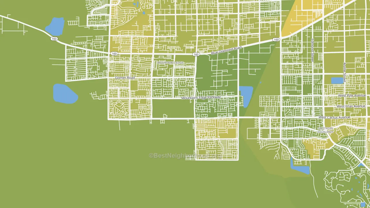Map of the best neighborhoods in the Mountain's Edge, Las Vegas area, with better matches in green and worse matches in red