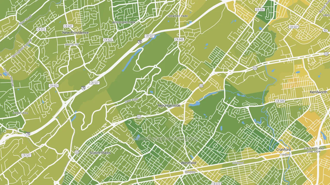 Map of the best neighborhoods in the Mountainside area, with better matches in green and worse matches in red