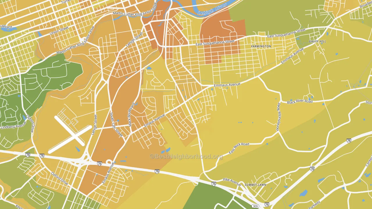 Map of the best neighborhoods in the Mountainville, Allentown area, with better matches in green and worse matches in red