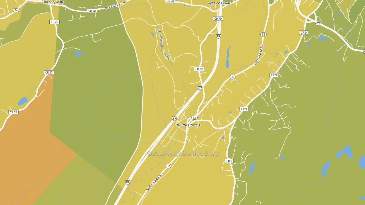 Map of the best neighborhoods in the Mountainville area, with better matches in green and worse matches in red