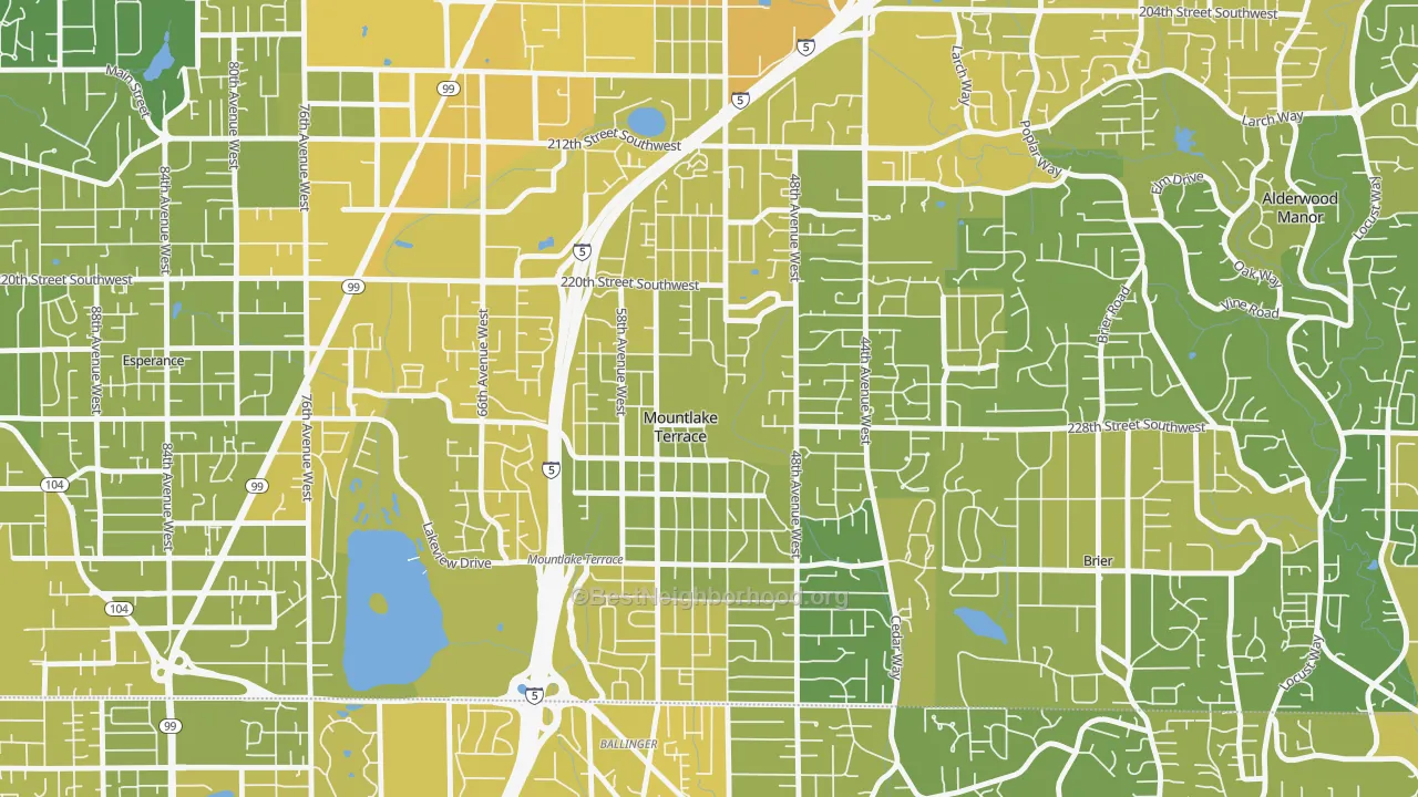 Map of the best neighborhoods in the Mountlake Terrace area, with better matches in green and worse matches in red