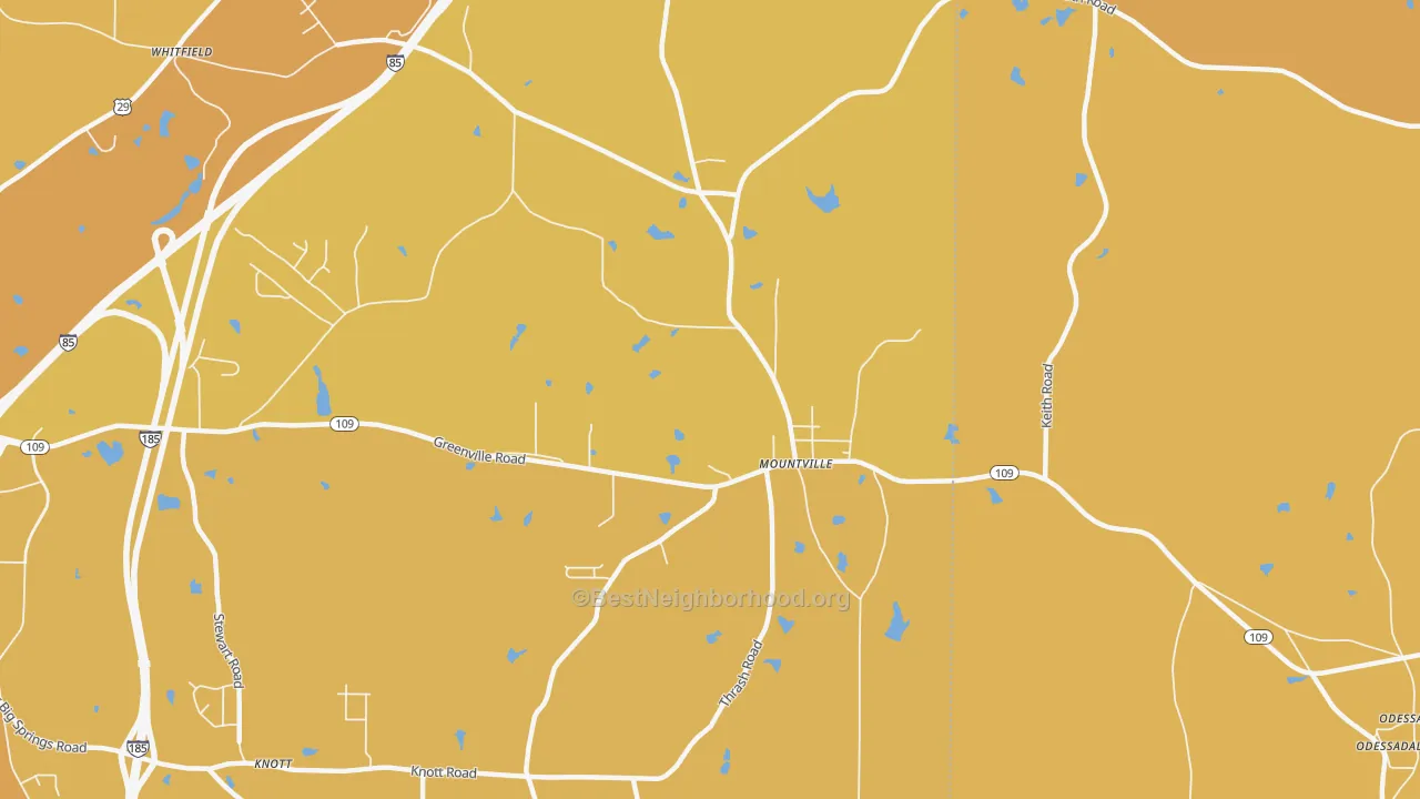 Map of the best neighborhoods in the Mountville area, with better matches in green and worse matches in red