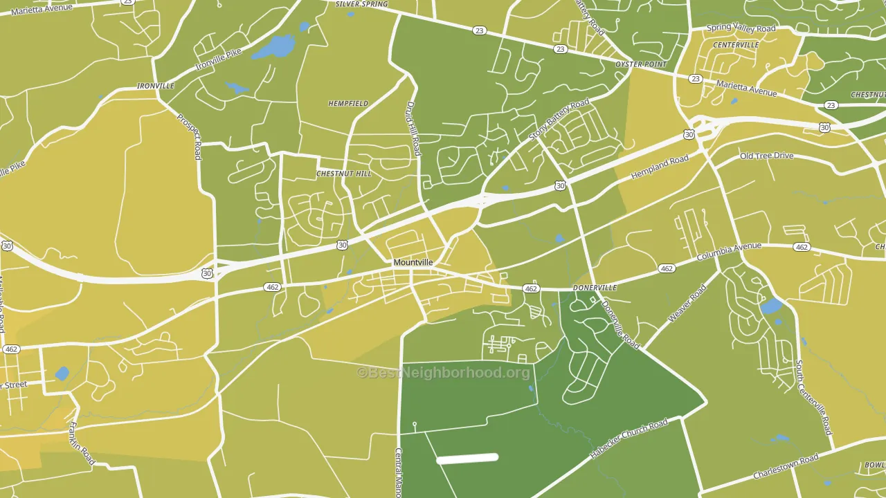Map of the best neighborhoods in the Mountville area, with better matches in green and worse matches in red