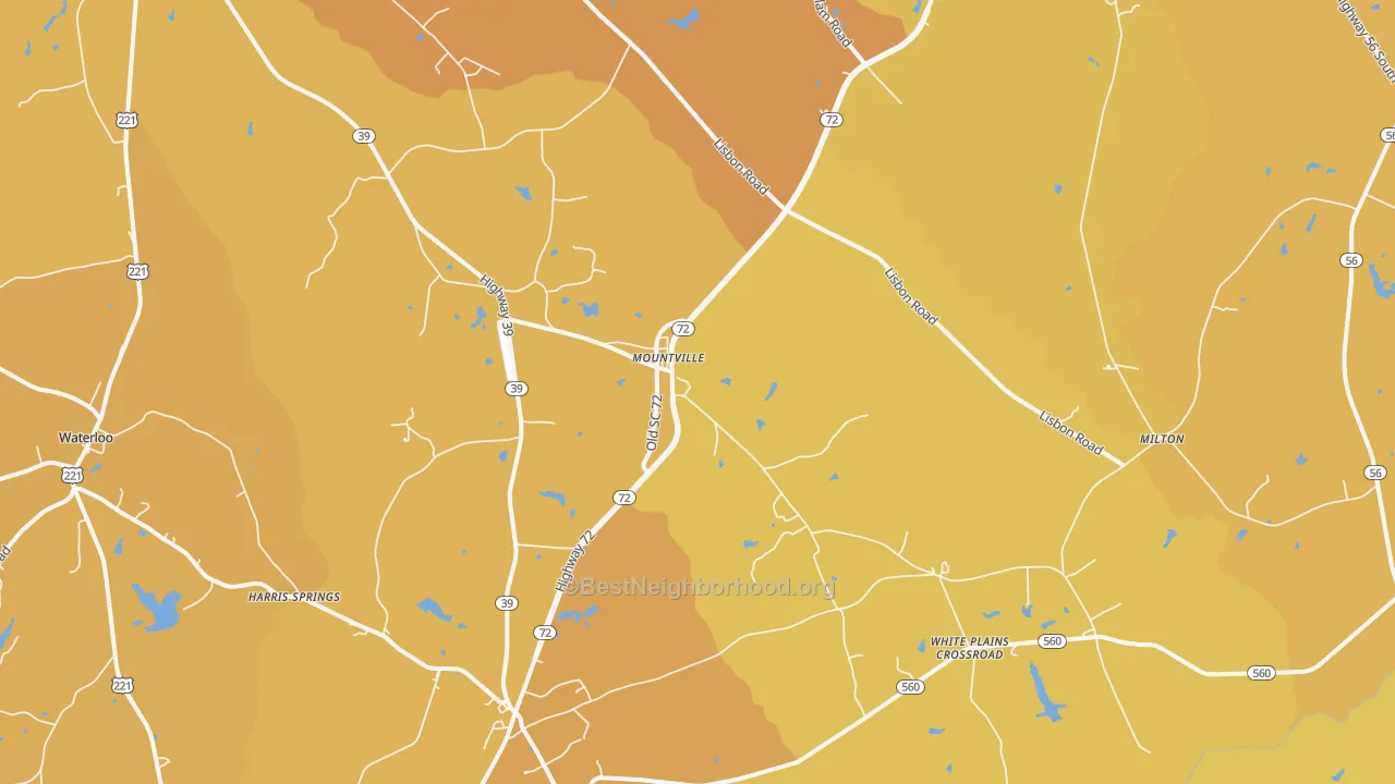 Map of the best neighborhoods in the Mountville area, with better matches in green and worse matches in red