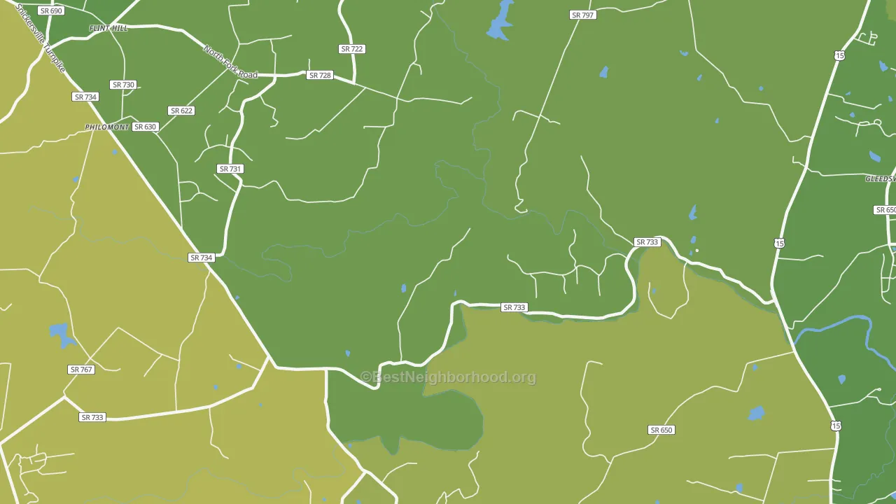 Map of the best neighborhoods in the Mountville area, with better matches in green and worse matches in red