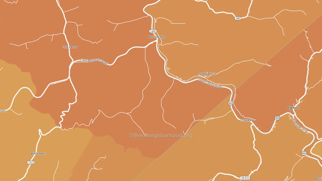 Map of the best neighborhoods in the Mouthcard area, with better matches in green and worse matches in red