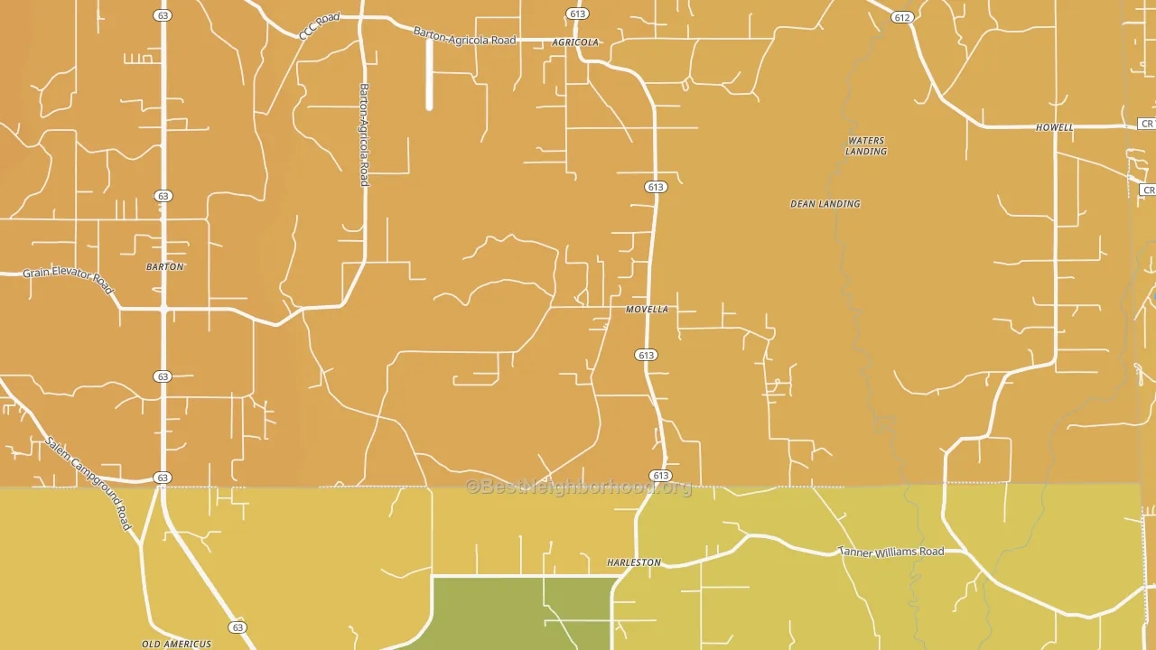 Map of the best neighborhoods in the Movella area, with better matches in green and worse matches in red