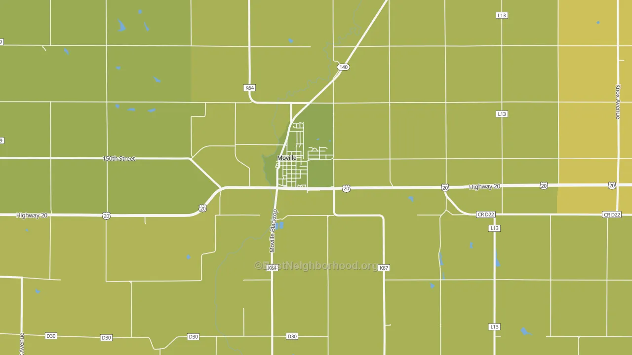 Map of the best neighborhoods in the Moville area, with better matches in green and worse matches in red