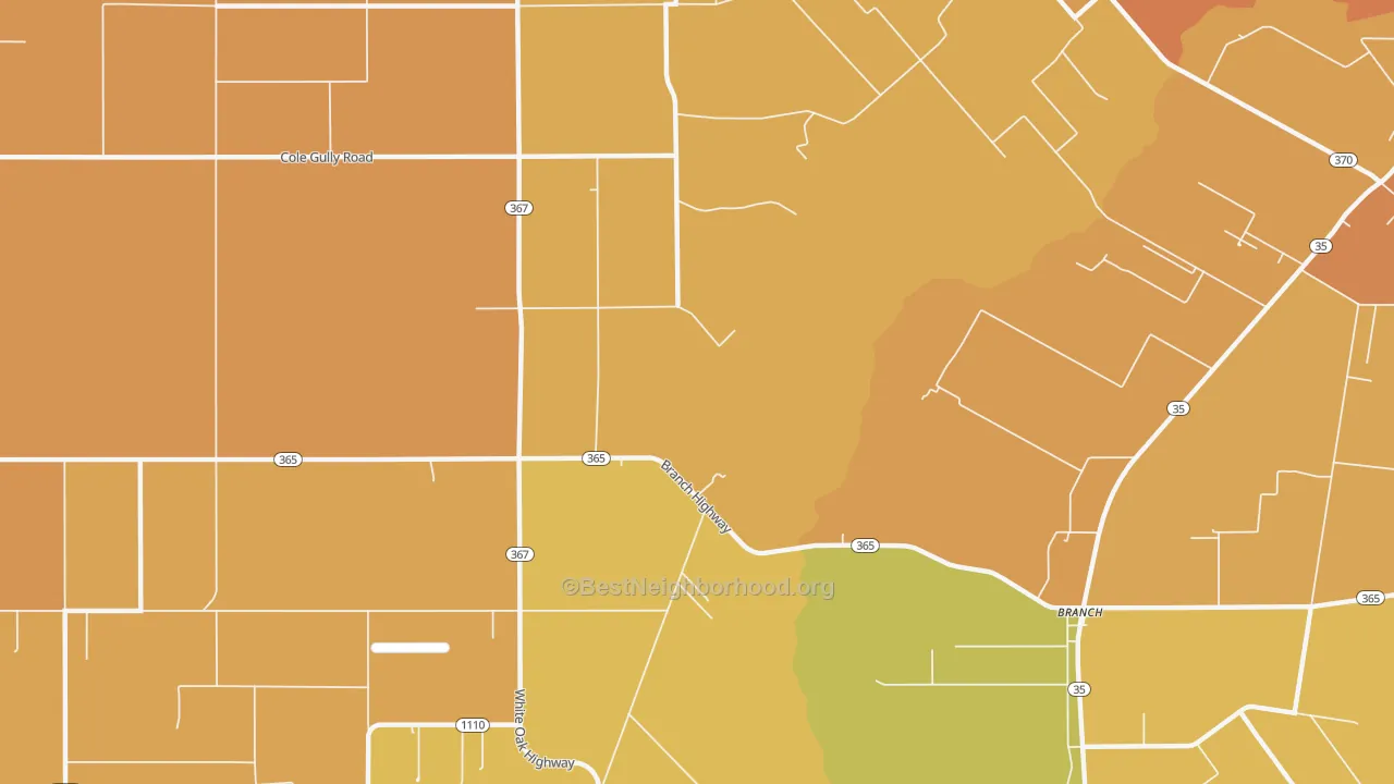 Map of the best neighborhoods in the Mowata area, with better matches in green and worse matches in red