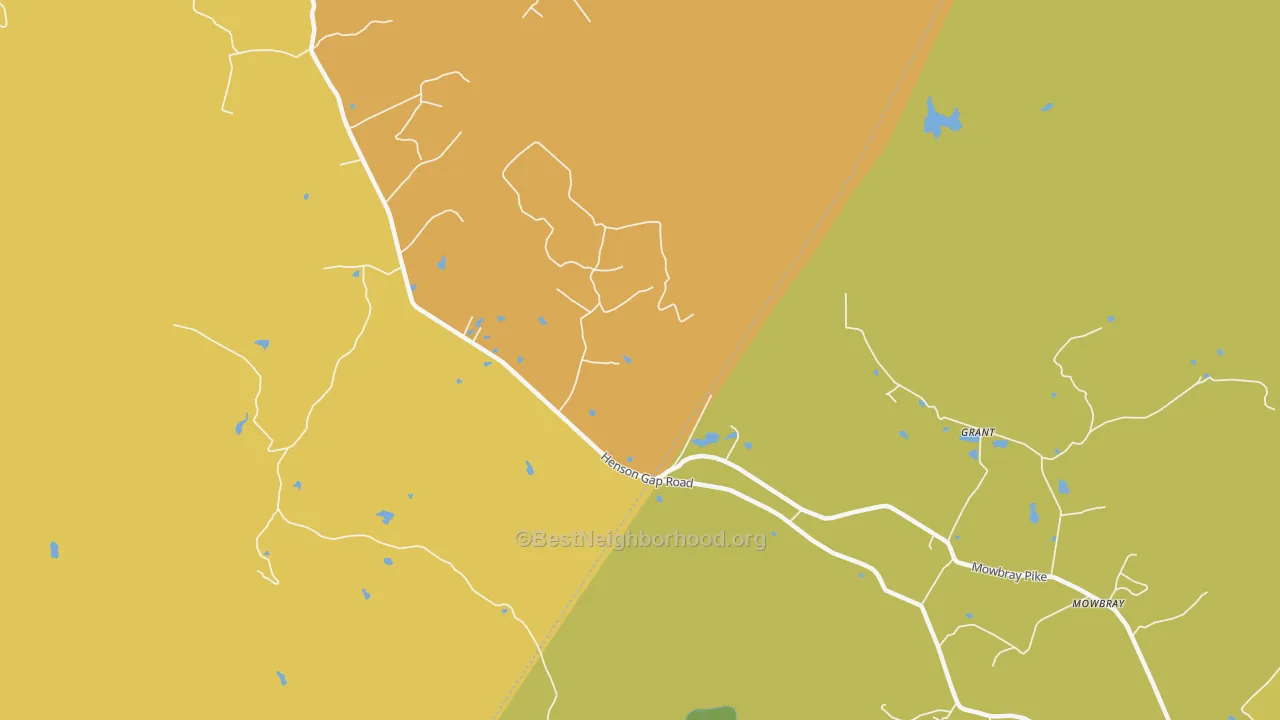 Map of the best neighborhoods in the Mowbray area, with better matches in green and worse matches in red