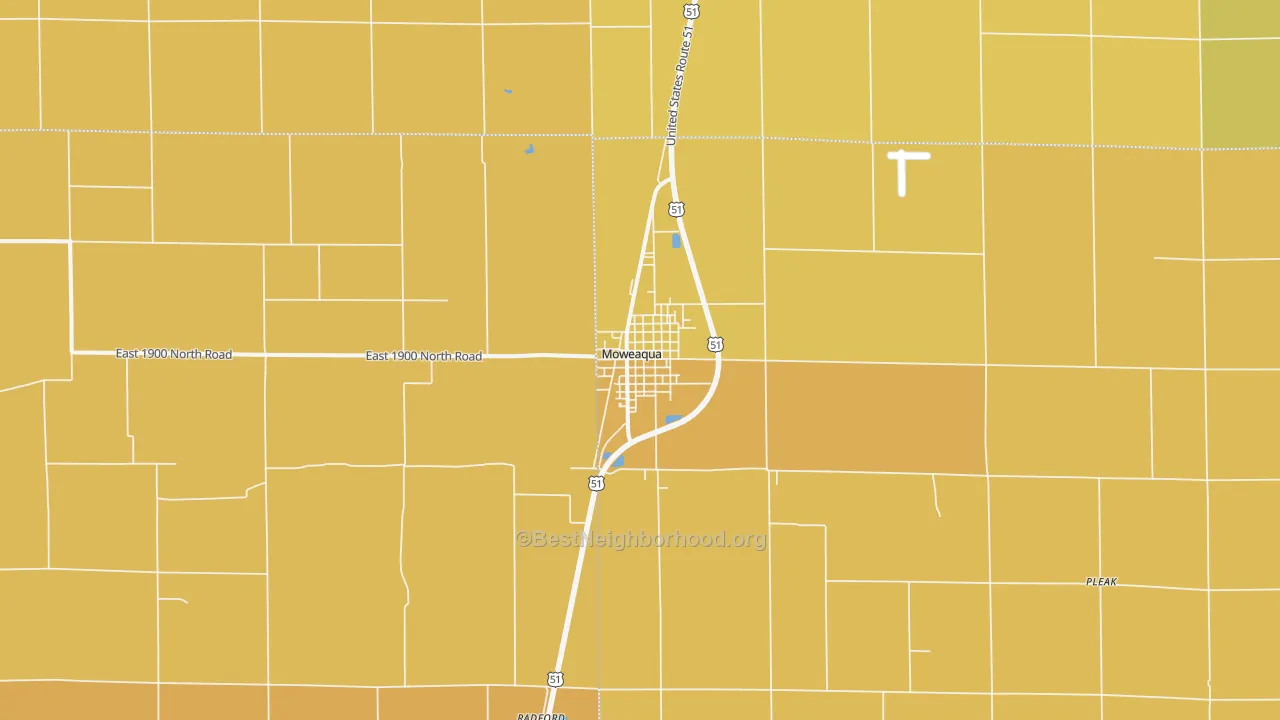 Map of the best neighborhoods in the Moweaqua area, with better matches in green and worse matches in red