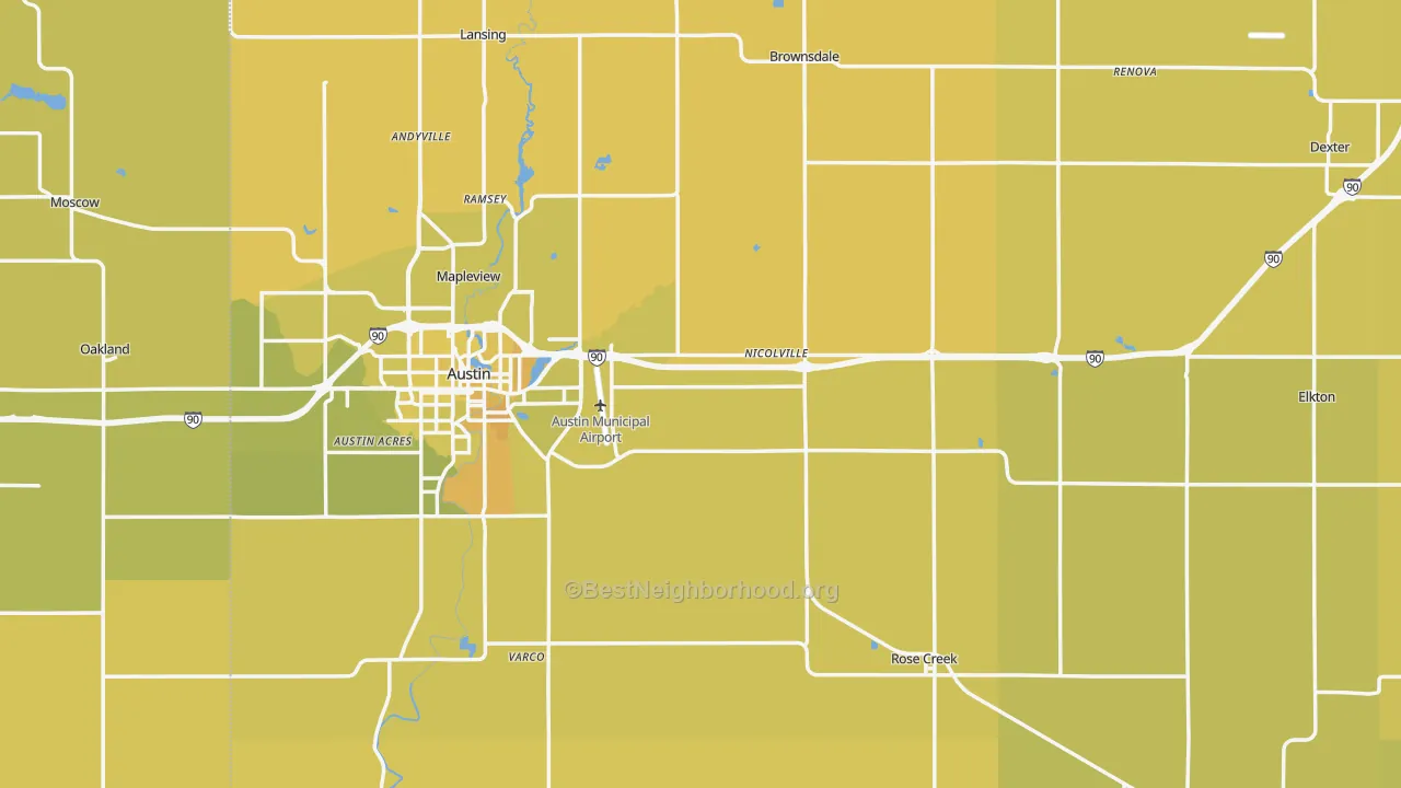 Map of the best neighborhoods in the Mower County area, with better matches in green and worse matches in red