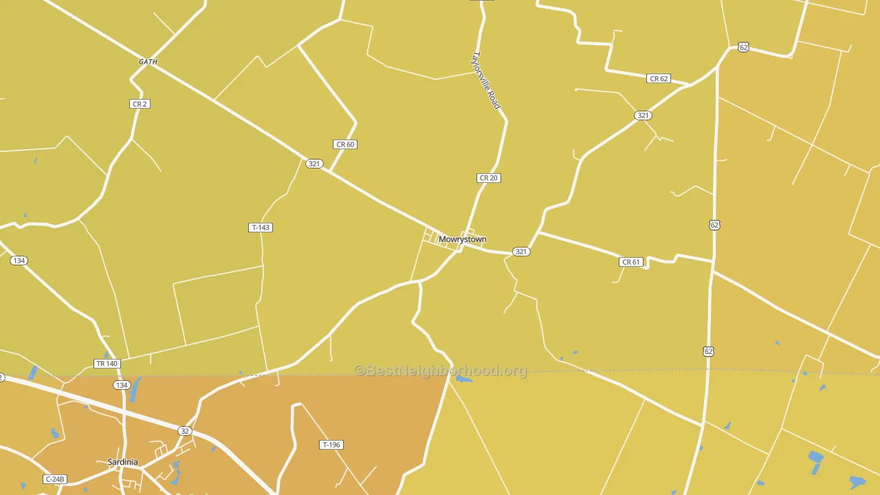 Map of the best neighborhoods in the Mowrystown area, with better matches in green and worse matches in red