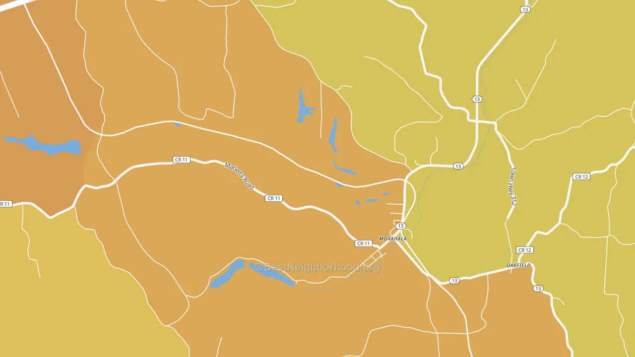 Map of the best neighborhoods in the Moxahala area, with better matches in green and worse matches in red