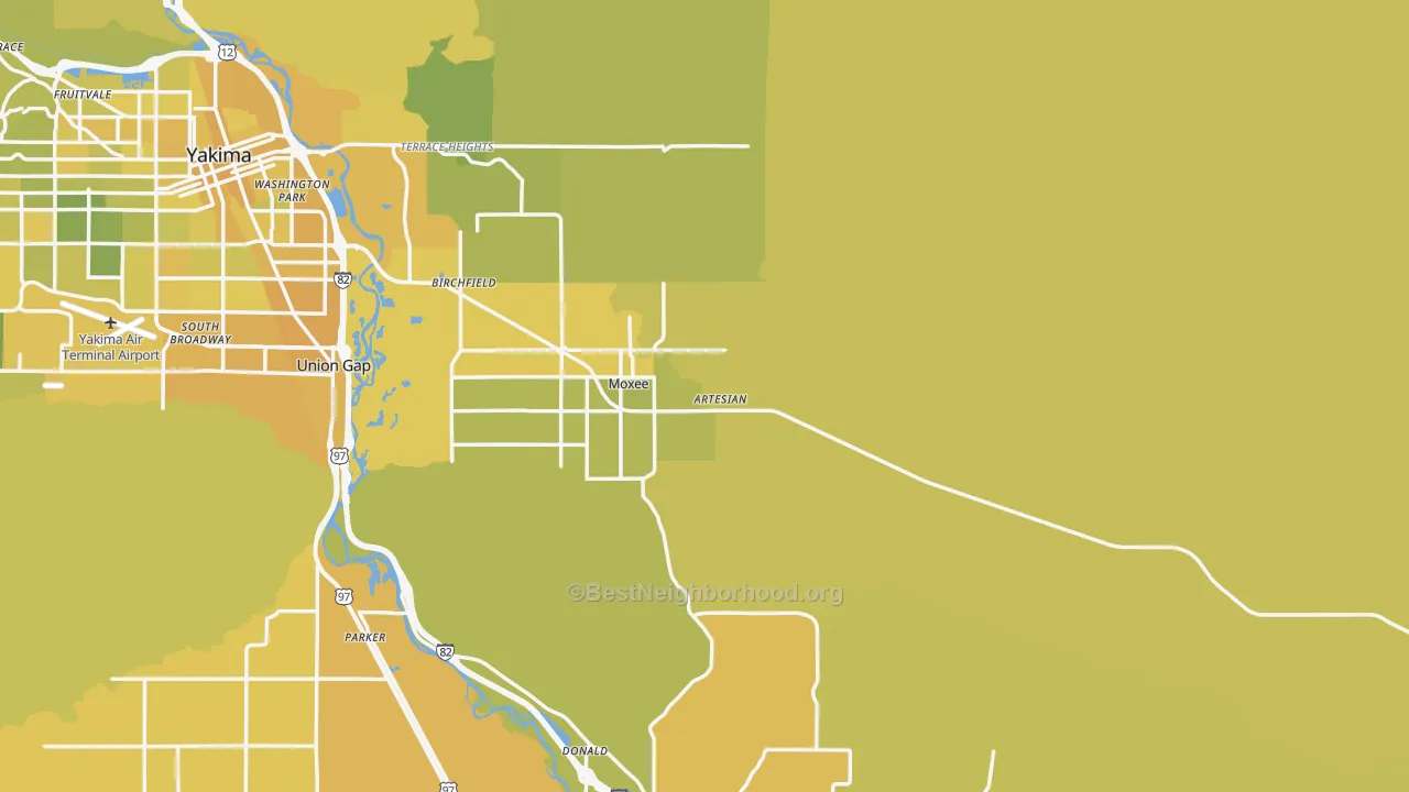 Map of the best neighborhoods in the Moxee area, with better matches in green and worse matches in red