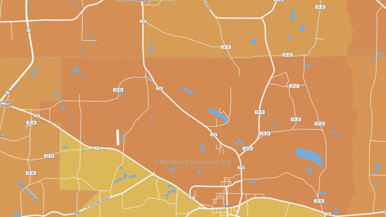 Map of the best neighborhoods in the Moye area, with better matches in green and worse matches in red