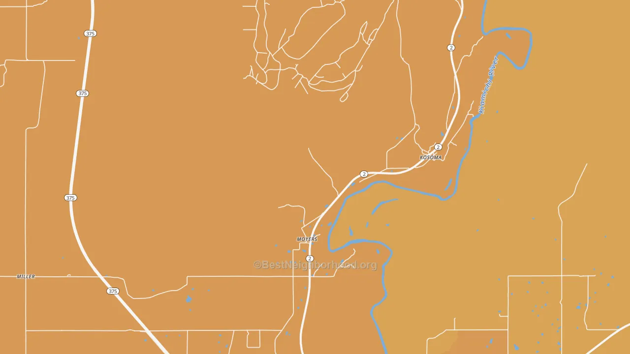 Map of the best neighborhoods in the Moyers area, with better matches in green and worse matches in red