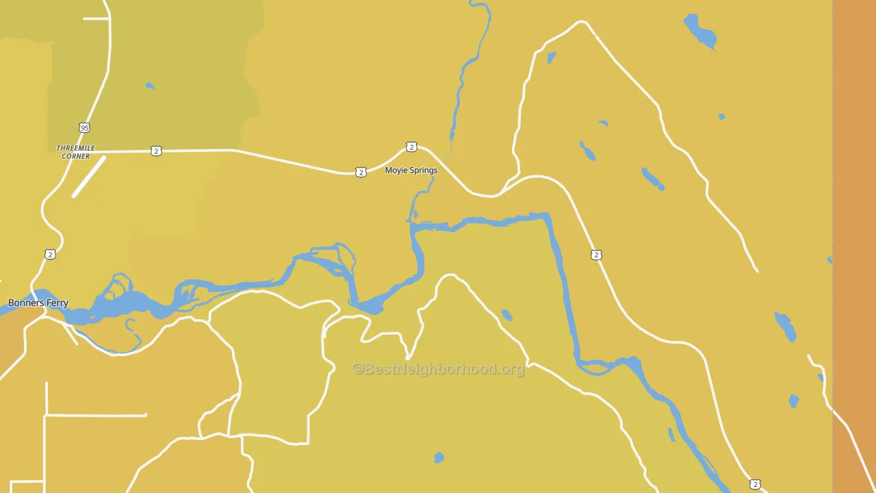 Map of the best neighborhoods in the Moyie Springs area, with better matches in green and worse matches in red