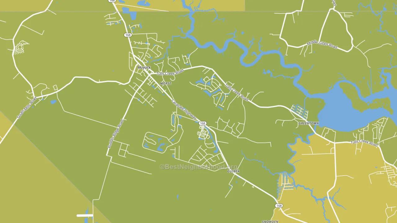 Map of the best neighborhoods in the Moyock area, with better matches in green and worse matches in red