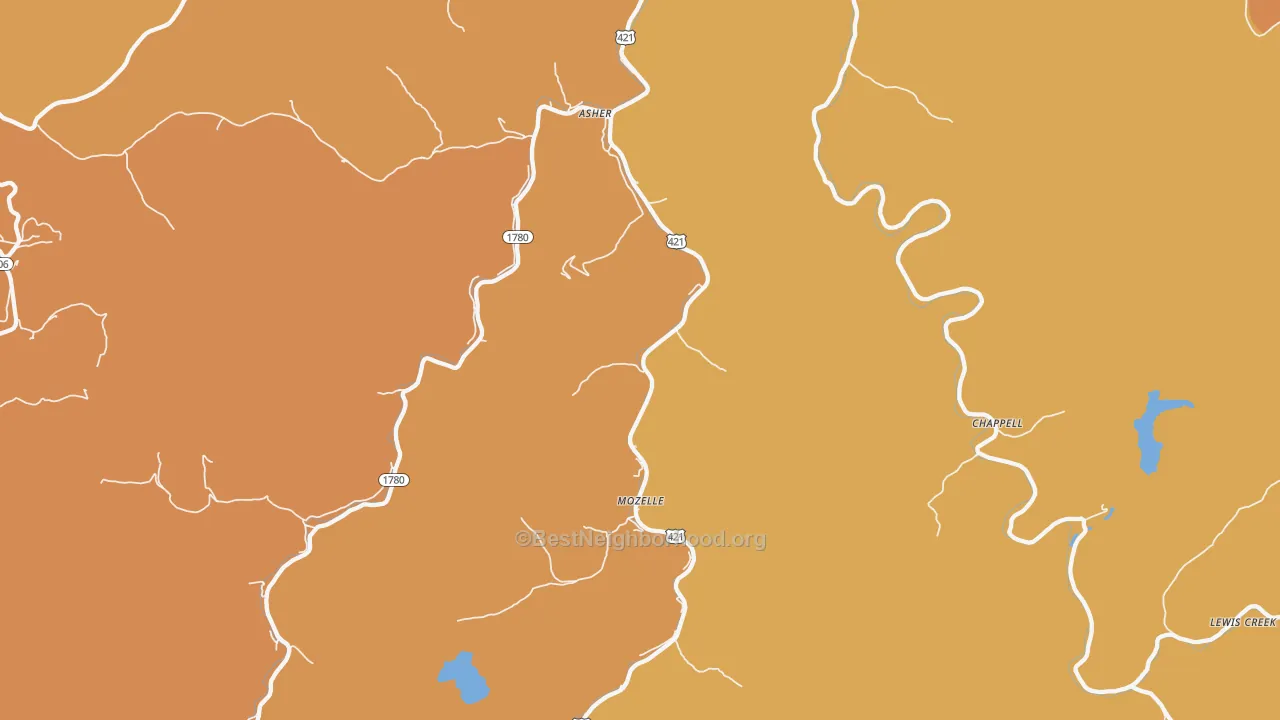 Map of the best neighborhoods in the Mozelle area, with better matches in green and worse matches in red