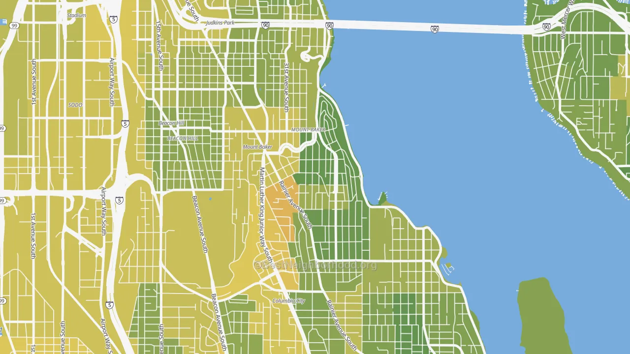 Map of the best neighborhoods in the Mt. Baker, Seattle area, with better matches in green and worse matches in red