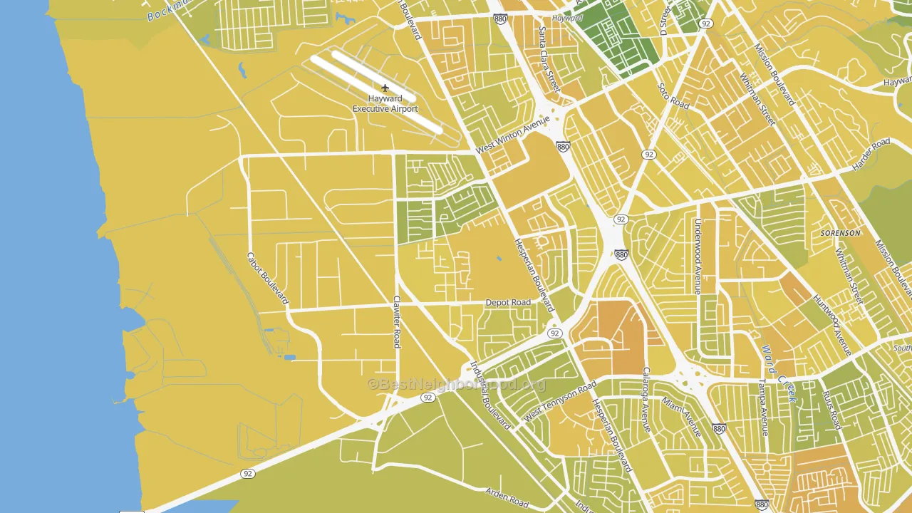 Map of the best neighborhoods in the Mt Eden, Hayward area, with better matches in green and worse matches in red