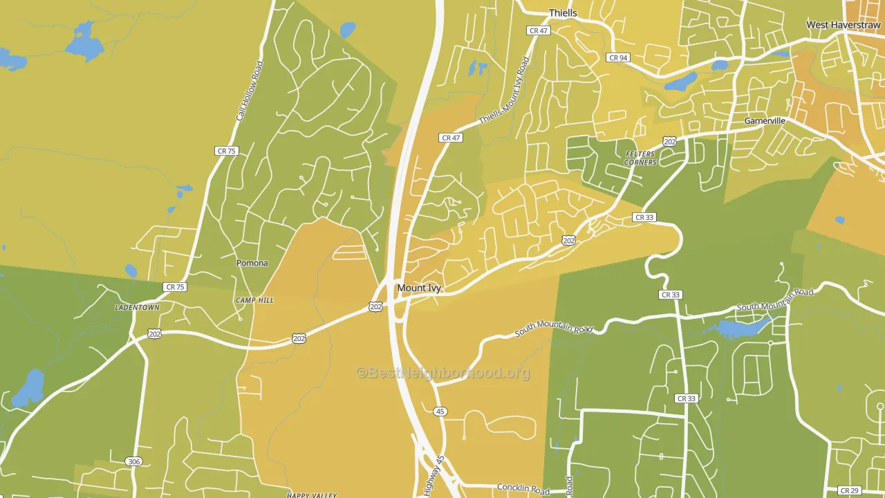 Map of the best neighborhoods in the Mt Ivy, Pomona area, with better matches in green and worse matches in red