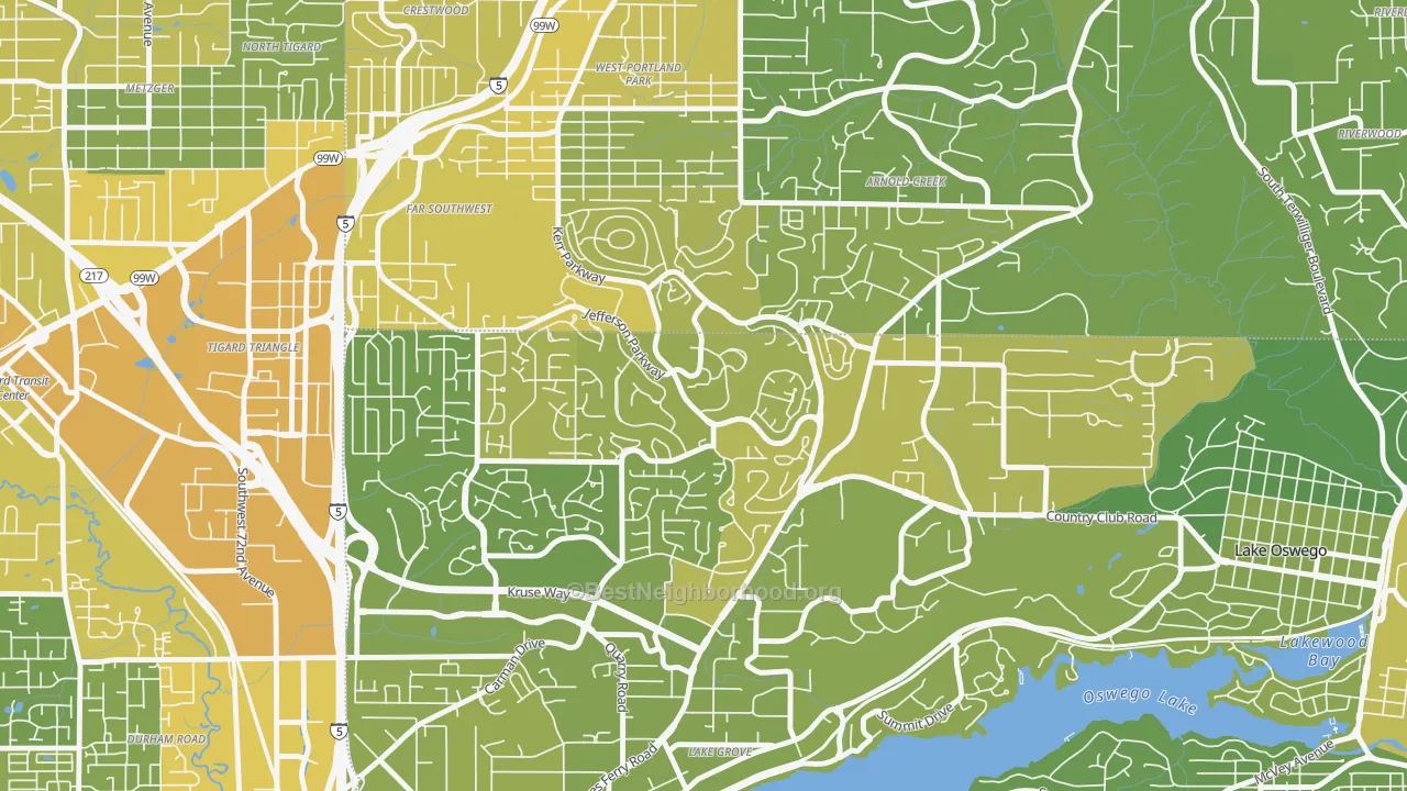 Map of the best neighborhoods in the Mt. Park, Lake Oswego area, with better matches in green and worse matches in red