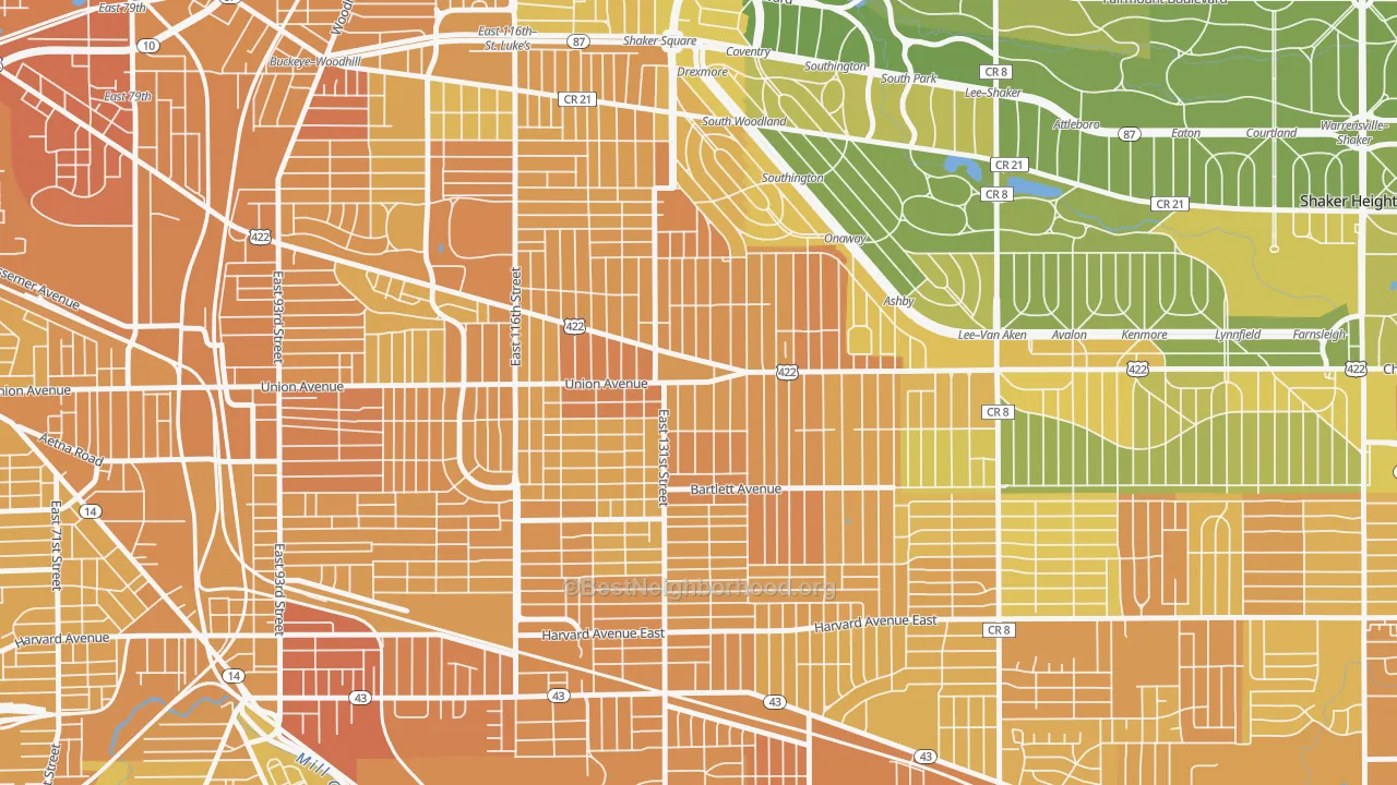Map of the best neighborhoods in the Mt Pleasant, Cleveland area, with better matches in green and worse matches in red