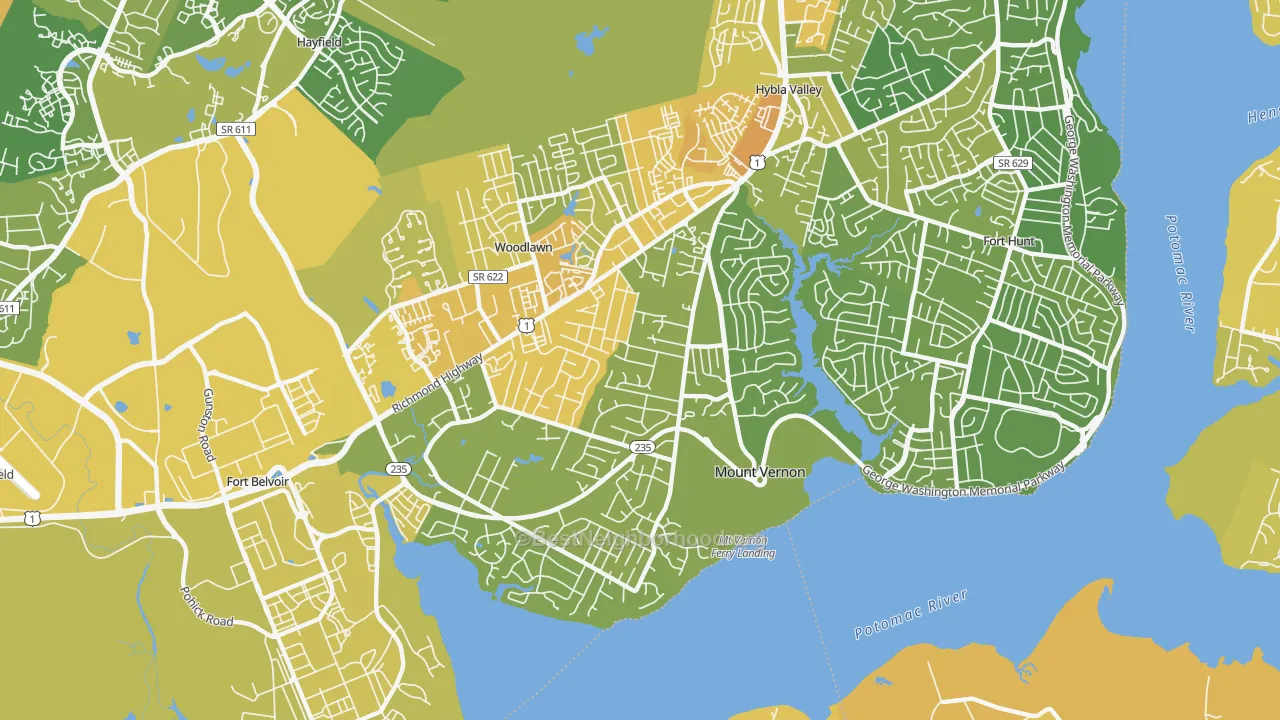 Map of the best neighborhoods in the Mt Vernon, Mount Vernon area, with better matches in green and worse matches in red