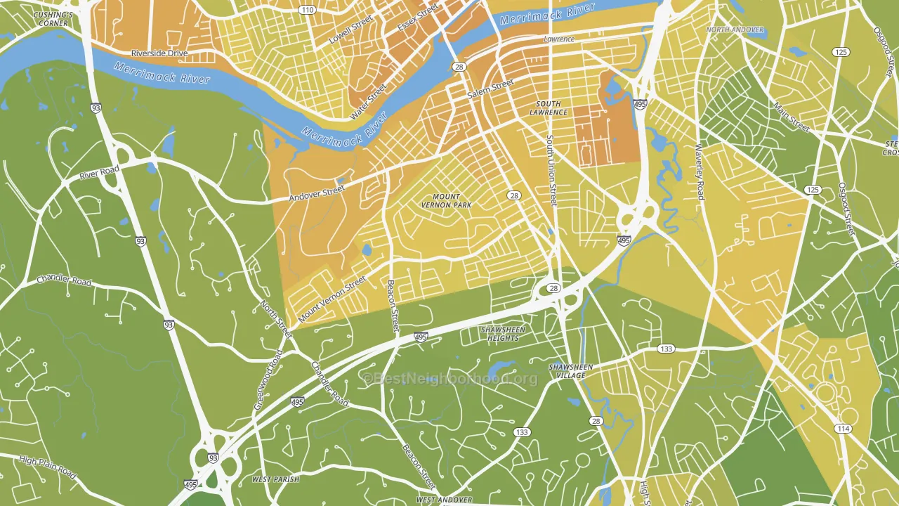 Map of the best neighborhoods in the Mt Vernon Park, Lawrence area, with better matches in green and worse matches in red